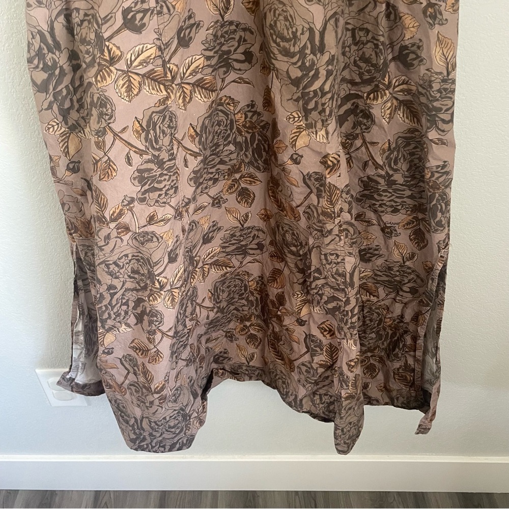 Ganni Oversized Poplin Maxi Shirt Dress EU 34 Cotton Brown Botanical Print - Picture 9 of 16
